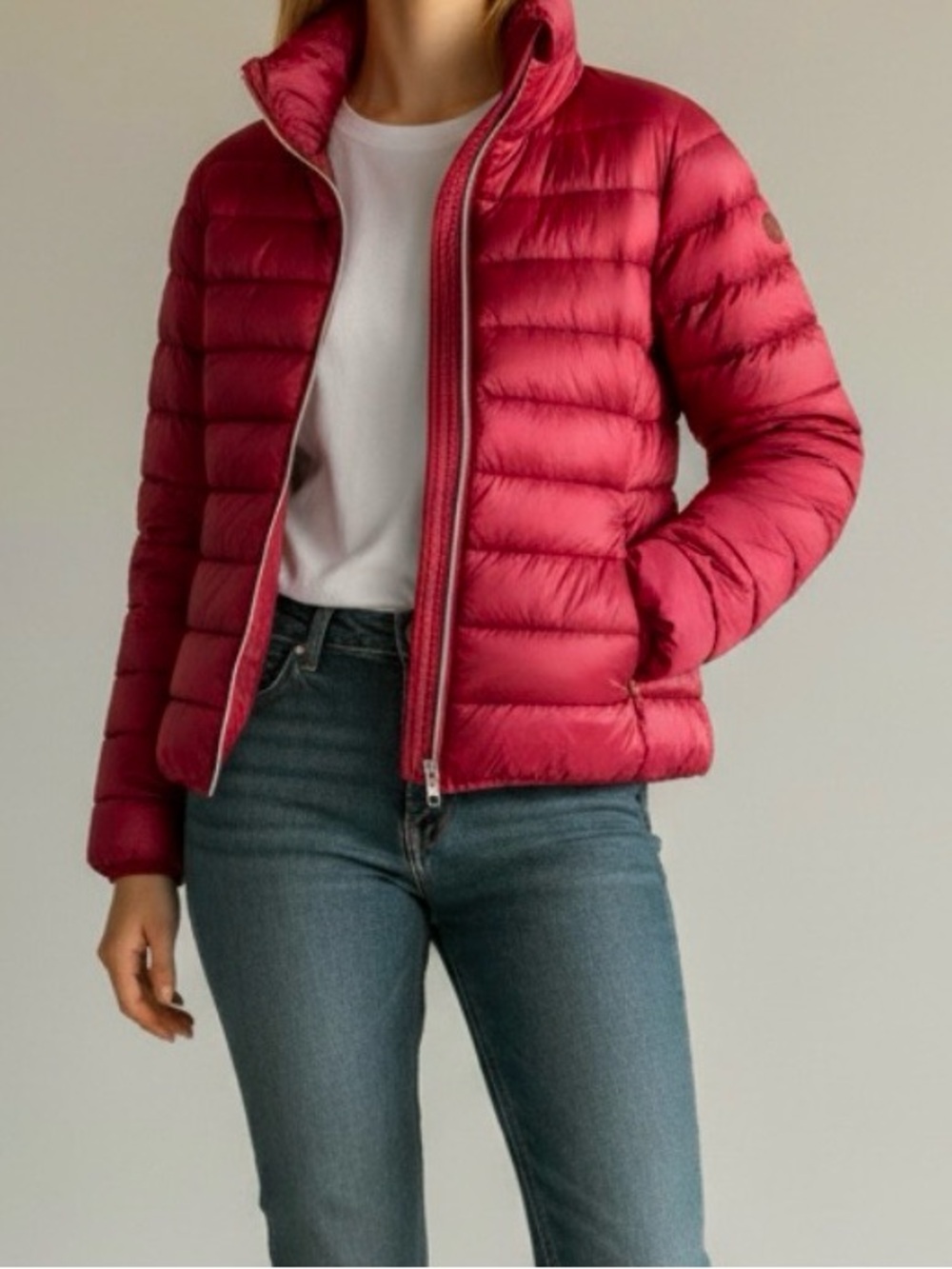 Save the Duck Sz L Jacket Ultra Light Puffer Coat Red Cozy Vegan Fall Winter。